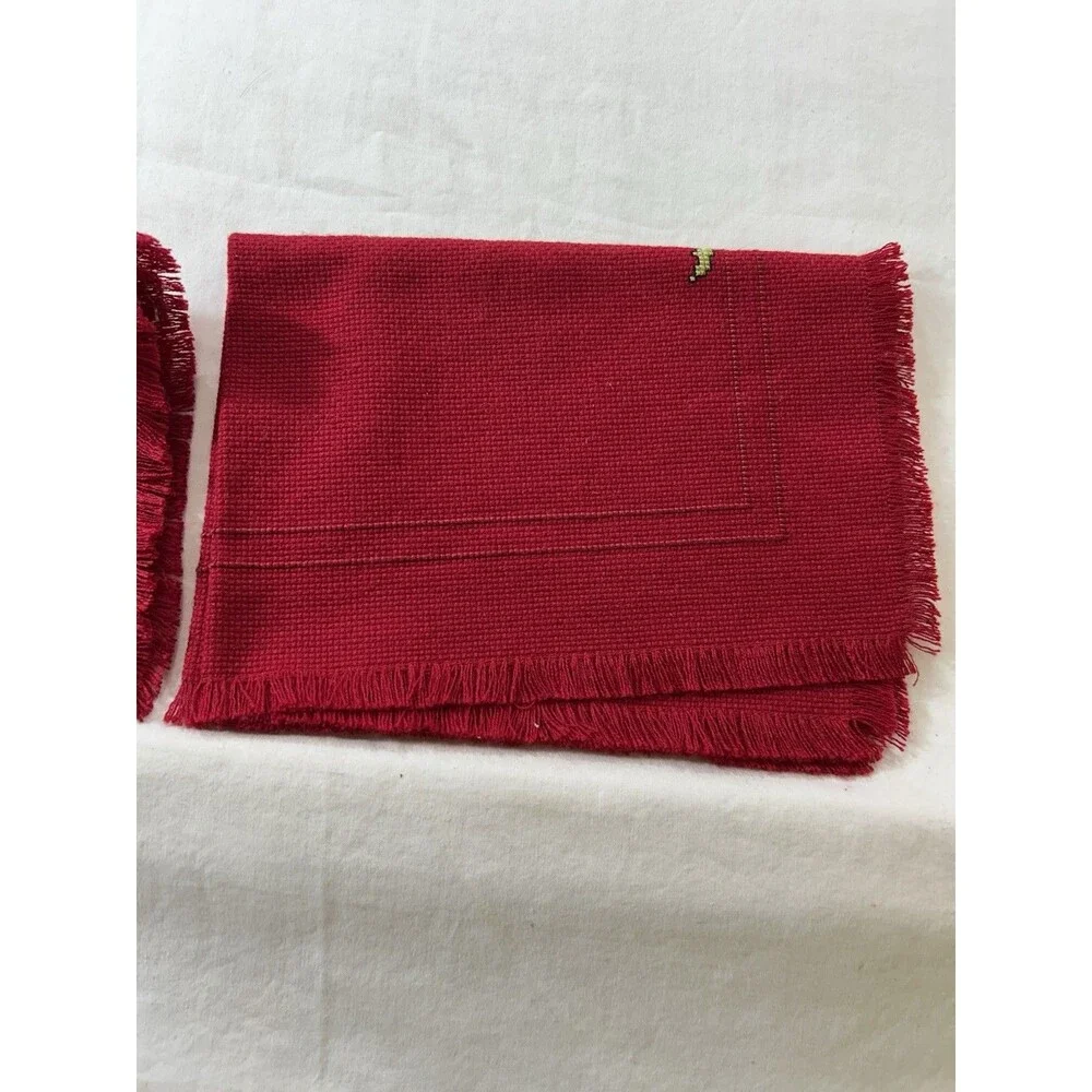 Vintage Handmade Cross Stitch Christmas Placemats Set 2 Red Linen Drum Violin